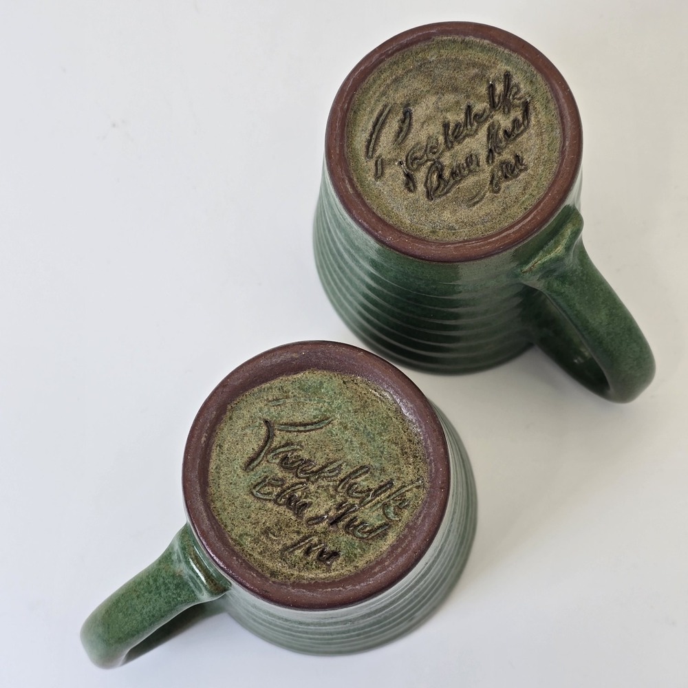 Rackliffe Pottery Blue Hill Maine Green Studio Pottery Mug Pair Signed - Picture 9 of 13
